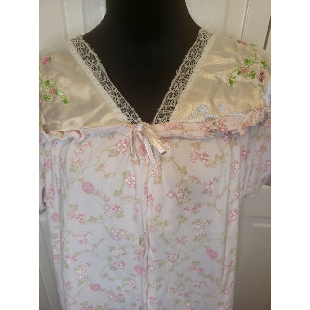 Moon Dance Pink/White  Button Up Gown/Robe L Bow Embroidery Cottage Tradwife - Picture 5 of 8